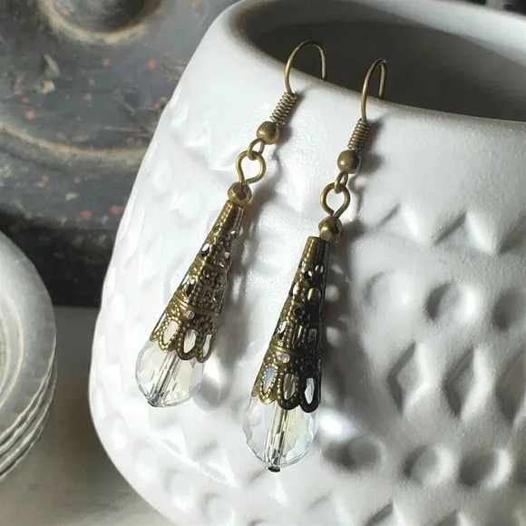 Bronze Faceted Crystal Clear Luster Antiqued Filigree Teardrop Earrings - Picture 1 of 9